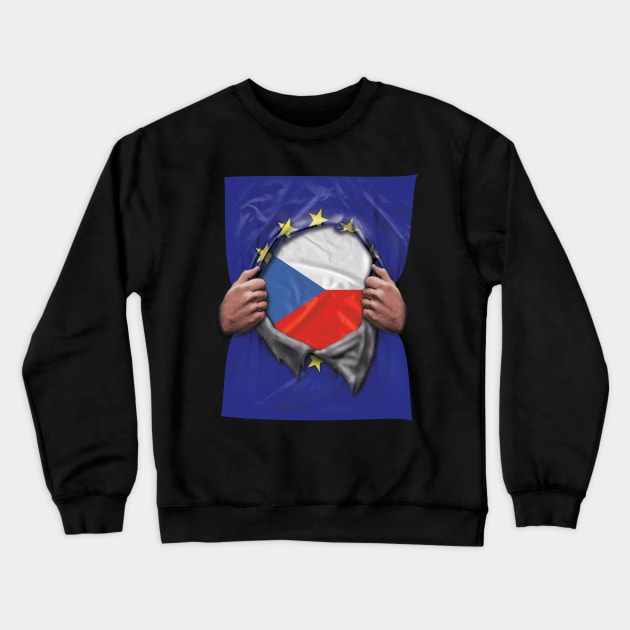 Czech Republic Flag European Union Flag Ripped Open - Gift for Czech From Czech Republic Crewneck Sweatshirt by Country Flags